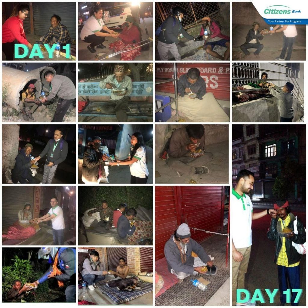 सिटिजन्स बैंकद्वारा सडक आश्रीत घरबार विहीनलाई १७ दिन भोजनको व्यवस्था र निःशूल्क स्वास्थ्य शिविर
