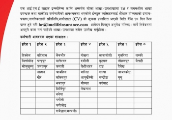 आइएमई लाईफले माग्यो सातै प्रदेशका लागि कर्मचारी