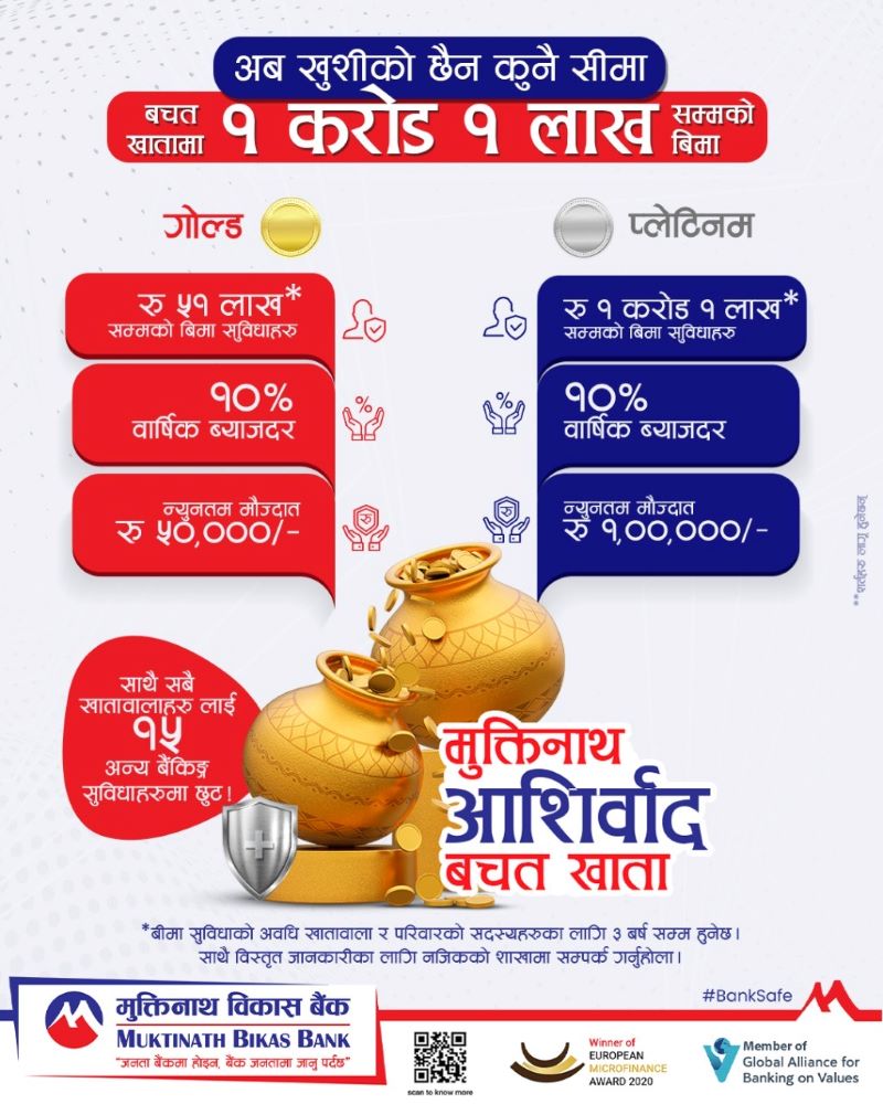 मुक्तिनाथ बैंकले ल्यायो नेपालमै पहिलो पटक सर्वाधिक रु.१ करोड १ लाख सम्मको बीमा सुविधा दिने योजना