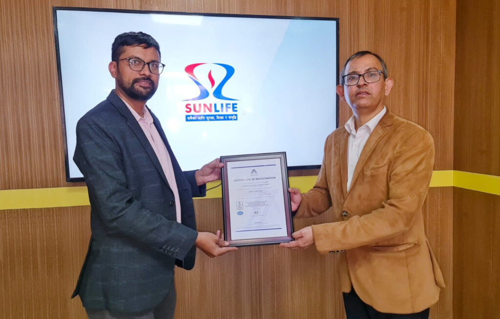 सन नेपाल लाइफ इन्स्योरेन्सले प्राप्त गर्‍यो ISO/IEC 27001 : 2022 प्रमाणपत्र